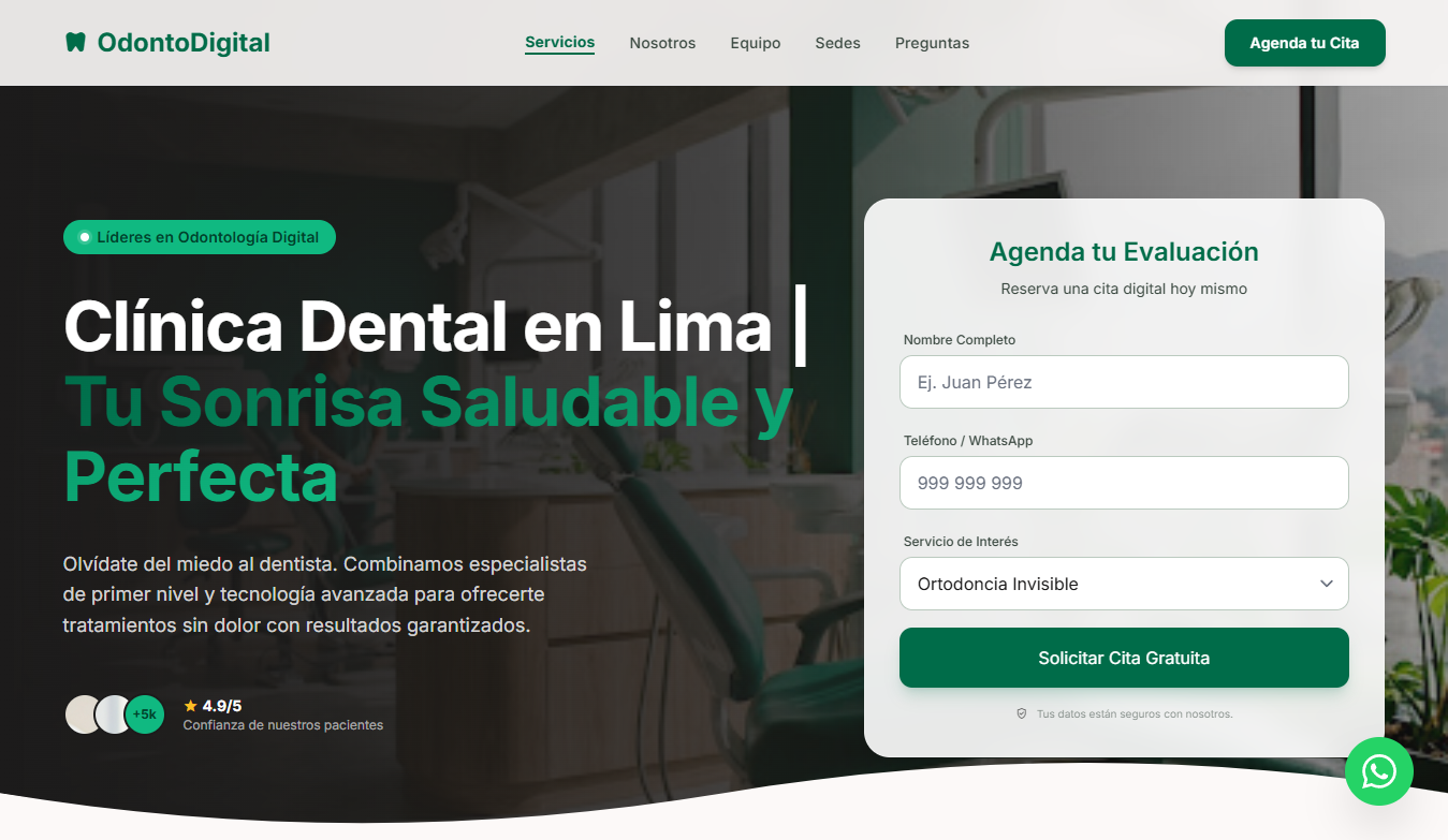 Diseño web premium para Clínica Dental Odonto Digital, con un diseño limpio y moderno enfocado en la conversión y agendamiento de citas en línea.